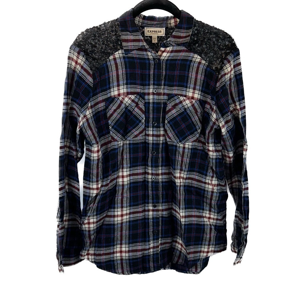 Express Shirt Western Boyfriend Flannel Plaid Sequin Button Down Long Sleeve Top
